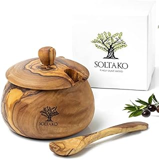 SOLTAKO Olive Wooden Spice Jar with Spoon, Tea Coffee Sugar canisters, Handmade Spices Jars, Sugar Pot, Kitchen Storage Boxes, Seasoning Pot, Healthy Kitchen Storage Containers Ø 10 cm