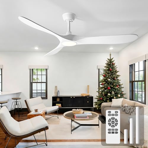 Image of 52 Inch Ceiling Fans with Lights and Remote, Wood Outdoor Ceiling Fan with 6 Speed Noiseless DC Motor, Indoor Modern 3 Blade Propeller Ceiling Fan for Bedroom Living Room Gazebo Patio (White)