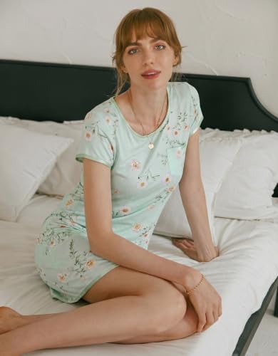 Image of Ekouaer Womens Nightgown Sleep Shirt Dress Satin Patchwork Short Sleeve Sleepwear with Pocket
