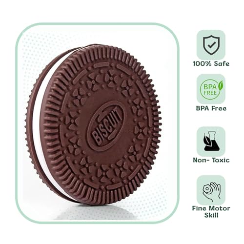 Image of BabyGo Oreo Cookie Shape Soft Silicone Teether for 6 to 12 Months, BPA Free Teething Toy for Babies with Textured Surface for Soothing Gums. 100% Food Grade (Brown) (Pack of 1)