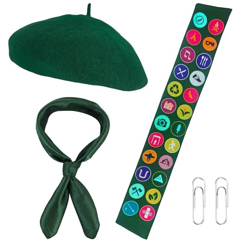 Alaxciax Pfadfinder Kostüm Set Pfadfinder Schärpe Mit Besticktem Grün Baskenmütze Schal Pfadfinders für Frauen für Karneval