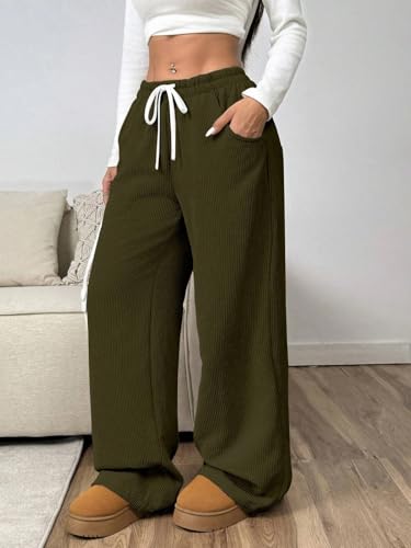 Image of Women's Trendy Korean Trouser with Pockets, Casual Corduroy Stretchable Baggy Loose || High Rise Elastic Waist Going Out Lounge Pants || Wide Leg Pants for Woman