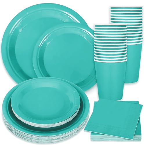 Whaline 100Pcs Teal Tableware Set Teal Blue Disposable Dinnerware 50Pcs Paper Plate 25Pcs Napkin 25Pcs Cup for Birthday Wedding Baby Shower Family Picnic Party Supplies Table Decor