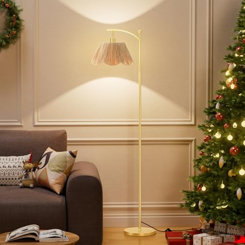 Image of Ambimall 60 inch Floor Lamps for Living Room with 3 Color Temperatures, Gold Floor Lamp with Rattan Shade, Modern Tall Lamps for Bedroom Office, 9W LED Bulb Included