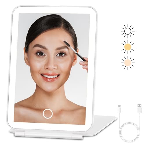Sorbay Rechargeable Travel Mirror With Light Up Camping Portable Mirror With Lights Touch Make Up Compact Mirrors LED Folding Makeup Mirrors with 3 Color Lighting & Adjustable Brightness (UK BRAND)
