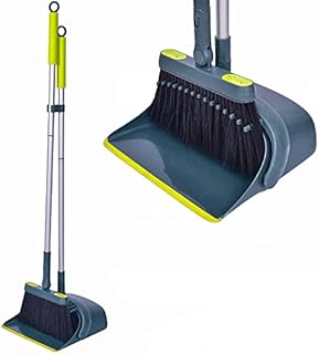 Jekayla Dustpan and Brush Set, Broom and Dust pan with Extendable Long Handle, Upright and Lightweight Household Cleaning Combo for Home Kitchen Room Office Lobby, Green and Yellow