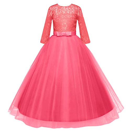 Image of Girls Flower Vintage Floral Lace 3 /4 Sleeves Floor Length Dress Wedding Party Evening Formal Pegeant Dance Gown