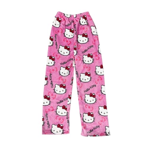 Pantalon de pyjama Kitty pour femme - Long en flanelle - Doux - Kawaii - Anime - Confortable - Rose - S