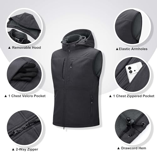 Image of 33,000ft Men's Lightweight Softshell Vest Hooded Outerwear Zip Up Fleece Lined Windproof Sleeveless Jacket for Golf Running
