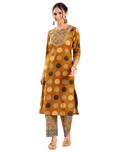 Image of Vbuyz Women's Printed & Hand Work Straight Cotton Blend Parrot Green Kurta,Pant with Dupatta | Kurta Set with Dupatta for Women | Suit Set | Ethnic Set | Printed Kurta Set | Salwar Set for Women