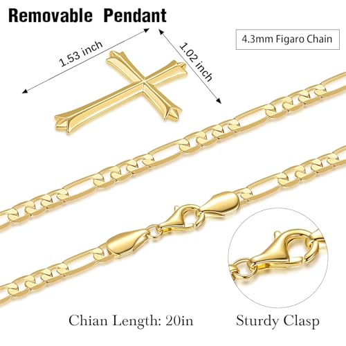 SPOINT Mens Cross Necklaces 14K Gold Cross Necklace for Men Paired with 4.3MM Figaro Chain Engineered for Comfort Gold Crosses Pendant Necklace 20/22/24in2