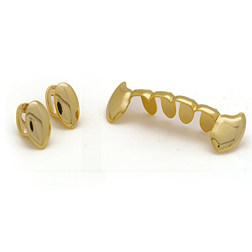 LuReen 14k Gold Vampire Dracula Teeth Grillz 2pc Single Fangs and 6 Bottom Grillz Set for Halloween Costume Cosplay2