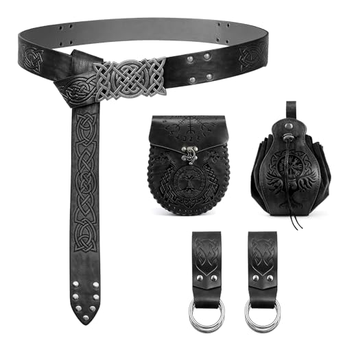 RoserRose Mittelalterlicher Gürtel-Set, Kunstleder Gürtel Mittelalter mit Lendenbeutel, Einstellbar per Schnürung, Passend für Mittelalter Herren & Damen (Schwarz)