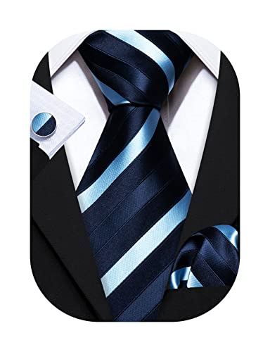 Image of Barry.Wang Tie Sets for Men Silk Stripe Necktie Woven Checkered Handkerchief Cufflinks Formal Business Wedding