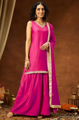 Image of Janasya Women's Chanderi Silk Embellished Straight Kurta With Sharara & Dupatta Set