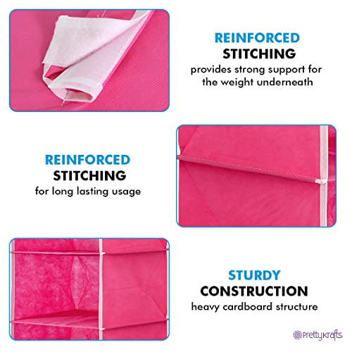 Image of PrettyKrafts 3-Shelf Fabric Hanging Wardrobe Organizer | Foldable Multipurpose Storage Almirah for Clothes, Shoes, & Toys | Space-Saving Closet Hanging Shelves with Engineered Wood Base (Pink)