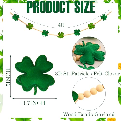Image of St Patricks Day Garland, 3D Felt St Patricks Shamrock Banner with Wooden Beads for St Patricks Day Decor Irish Hanging Bunting Garland for St. Patrick's Day Home Mantel Wall Decor