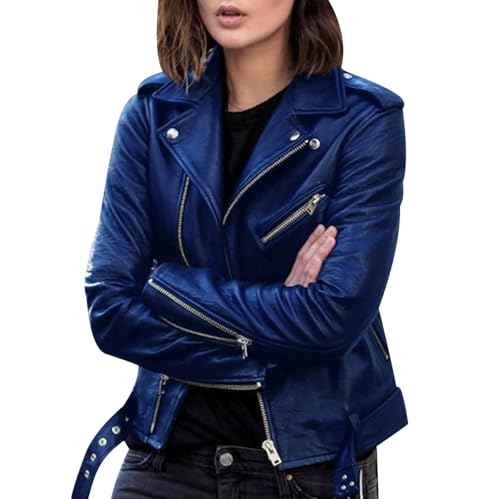 Veste Simili Cuir Femme Blouson Imitation Simili Cuir Pu Moto Femmes Veste Motard Blousons Cuirs Blouson Motarde Biker Oversize Faux Leather Jacket pour Femme...