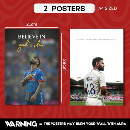 Image of Virat Kohli Gift Merchandise | 10 Premium Posters, 13 Stickers, 12 Photocards & 1 Split Poster | Aesthetic Virat Kohli Merchandise Gift Set for Cricket Fans | Posters Combo Pack for Room Decor