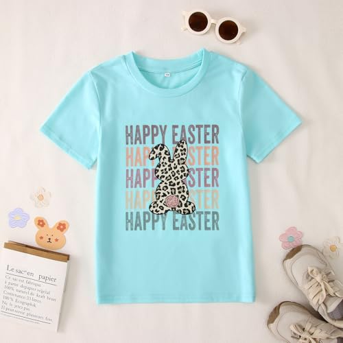 Image of Kid Girls Easter Shirts Happy Easter T-Shirt Funny Leopard Bunny Outfit Short Sleeve Tees Tops Holiday Clothes 7-12Y