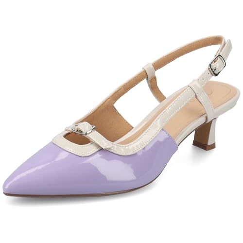 Journee Collection Womens Padma Mesh Sling Back Pumps Cushioned Pointed Toe Kitten Heel Pull On Spring Summer Shoe Patent/Lilac 7.5 Medium WOMENS US