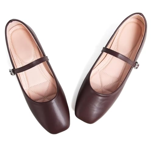 Stunner Ballet Flats for Women Women's Mary Jane Shoes Square Toe Casual Flats Comfortable Ankle Strap Flat Shoes Coffee 39(7) 22