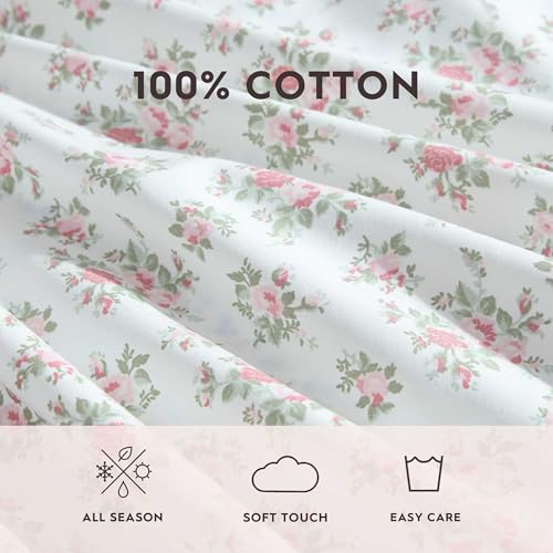 Image of Laura Ashley - Sheets, Cotton Percale Bedding with Matching Pillowcases, Crisp & Breathable, Deep Pocket, Fully Elasticized (Leanna Rose Pink, King)