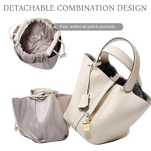 Genuine Leather Bucket Bag with Lock Closure & Removable Insert, Top Handle Shoulder Handbag for Women, Versatile Tote Style3