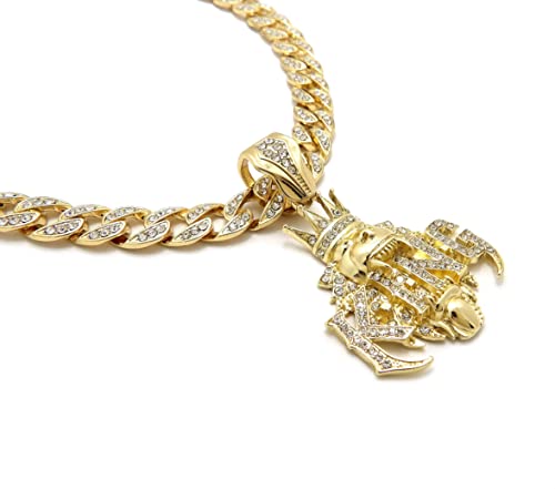 Gold Plated King Crown Lion Pendant & 10mm 18" 20" 24" Iced Cuban Chain Lab Diamond Hip Hop Jewelry Necklace4