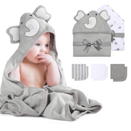 momcozy Set Asciugamani per Bambini 8 pz con Cappuccio, 2 Accappatoi Neonato 76x76 cm + 6 Quadrati Cotone 24x24 cm, Morbido e Super Assorbente, Elefante –...