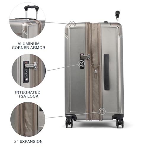 Image of Travelpro Platinum Elite Hardside Expandable Checked Luggage, 8 Wheel Spinner, TSA Lock, Hard Shell Polycarbonate Suitcase, Metallic Sand, Checked Medium 25-Inch