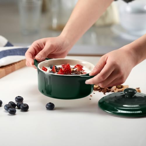 Image of Kook Mini Cocotte, Lids, Handles, Dutch Oven, Set of 4, 12 oz, Forest Green