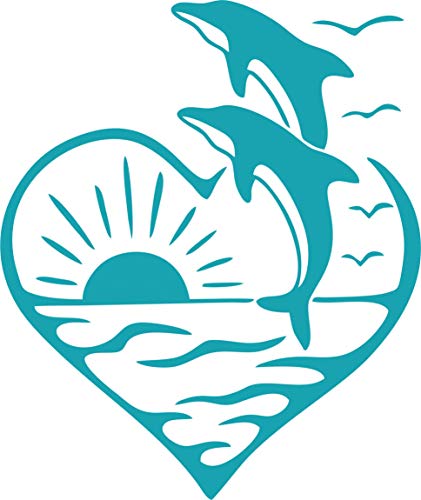 Tshirt Rocket Dolphins In A Heart - Beach Sunset Vinyl Car Decal, Laptop Decal, Car Sticker, Boat Sticker (6", White) #TOP3