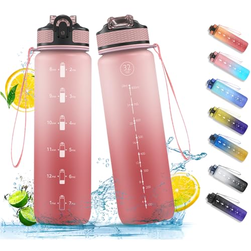 NAVTUE Water Bottle, 1L Sports Water Bottle with Straw, Time Markings, Tritan BPA free