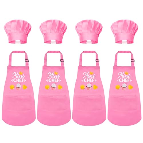 R HORSE Kid Apron and Chef Hat Set 8Pcs Adjustable Children Light Pink Kitchen Toddler Apron for Girls, Role Play Chef Toy Cooking Baking Painting and Training Kits Kid Funny Cooking Birthday Gift