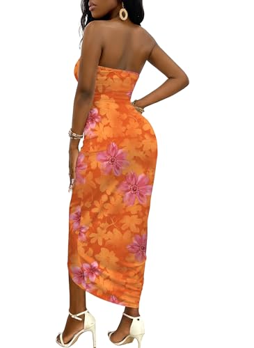Image of Umenlele Women's Strapless Ruched High Waist Wrap Split Asymmetrical Beach Maxi Long Dress