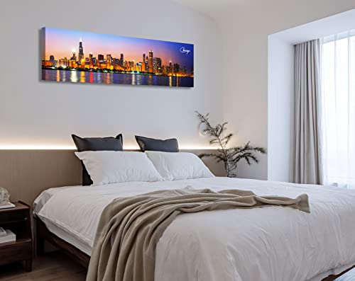 Image of Chicago Skyline Wall Art Canvas Prints, Framed, 13.8 inchx45.3 inch | Cityscape USA City Building, Panoramic Night View, Colorful Painting, Modern Home Office Bedroom Decoration