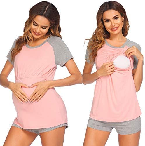 Ekouaer Maternity Women's Tops and Shorts Summer Nursing Tee Pajamas Set (Pink Grey XL)