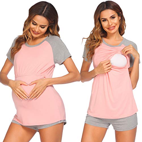 Ekouaer Maternity Women's Tops And Shorts Summer Nursing Tee Pajamas Set (Pink Grey Xl) #TOP2