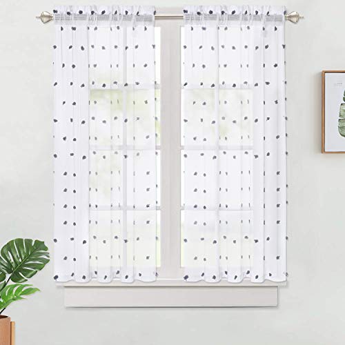 Haperlare Cafe Curtains 45 Inch Length, Jacquard Bubble Design Rod Pocket Half Sheer Window Curtains For Kitchen Pom-Pom Bathroom Window Curtain, 27" X 45", Dark Grey Pompoms, Set Of 2 #TOP1