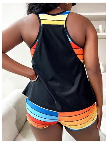 SOLY HUX Women's Plus Size Tankini Swimsuits Striped Tropical Print Two Piece Bathing Suit Top and Shorts Set2