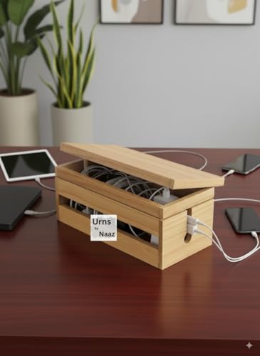 Image of Wooden Cable Management Box - Cord Organizer for Desk, Power Strip & Charger Storage - Wire Concealer Box for Home Office, Extension Board Holder, Wooden Desk Organizer (Beige)