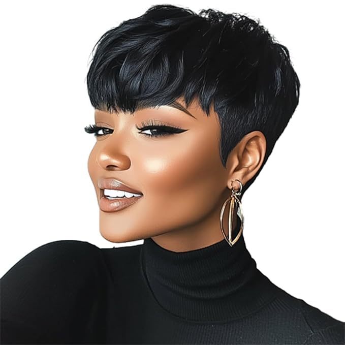WOCWIG WOC Synthetic Black Pixie Cut Hair Wig With Bang Short...