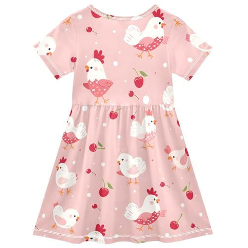 Pink Chicken Cherry Little Girls Short Sleeve Dress Casual Summer Party Skater Dresses for Kids 2-8T2