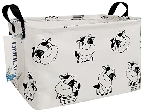 Image of Rectangular Folding Laundry Basket,Canvas Basket,Nersury Hamper,Suitable for Children,Office,Bedroom,Clothes,Toys Storage (REC Cow), 14.9''L x10.2''Wx9.05''H inches