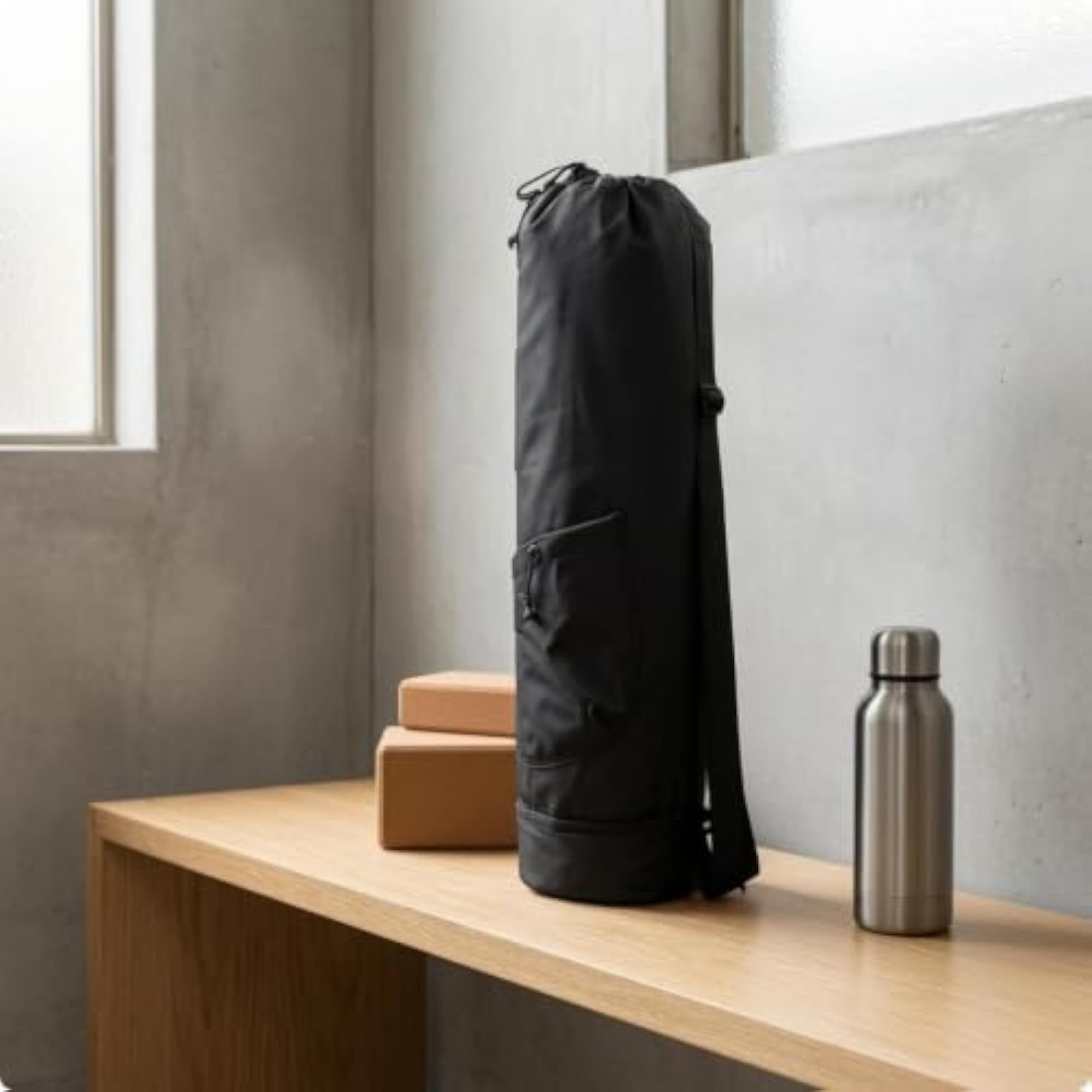 Crossbody Fitness Mat Bag Drawstring Closure, Black