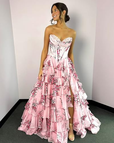 GATMAHE Tulle Floral Prom Dresses for Teens 2026 Tiererd Long Ball Gown Strapless Sweetheart Formal Evening Gowns with Slit