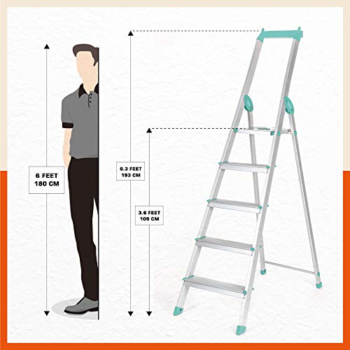 Image of Bathla Elevate 5-Step Foldable Aluminium Ladder for Home with Tool Tray | Anti-Skid | Durable, Heavy Duty, Safe & Stylish | 5-Year Warranty | Teal
