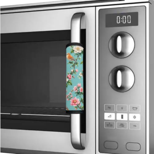 Image of 6 Pcs Refrigerator Microwave Door Handle Covers Electrical Appliances Handle Protector Keep Clean and Protected from Oil Stains, Fingerprints, Liquids, Bird Floral Teal