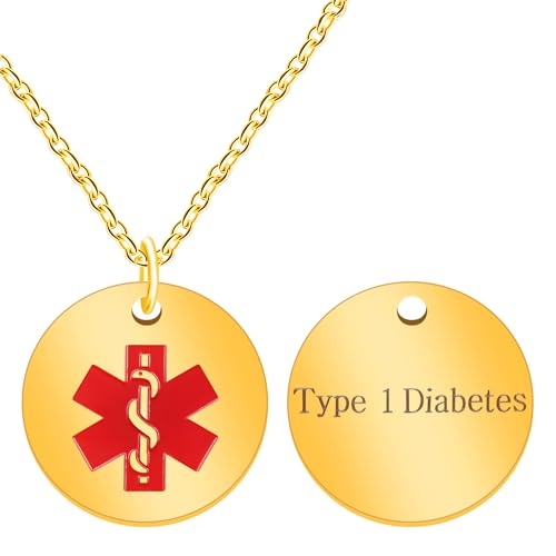 Oneress Type 1 Diabetes Necklace, Gold Plated Adjustable Medical ID, Waterproof Engraved Epilepsy Pendant for Men YA4678 Gold Plated TYPEI